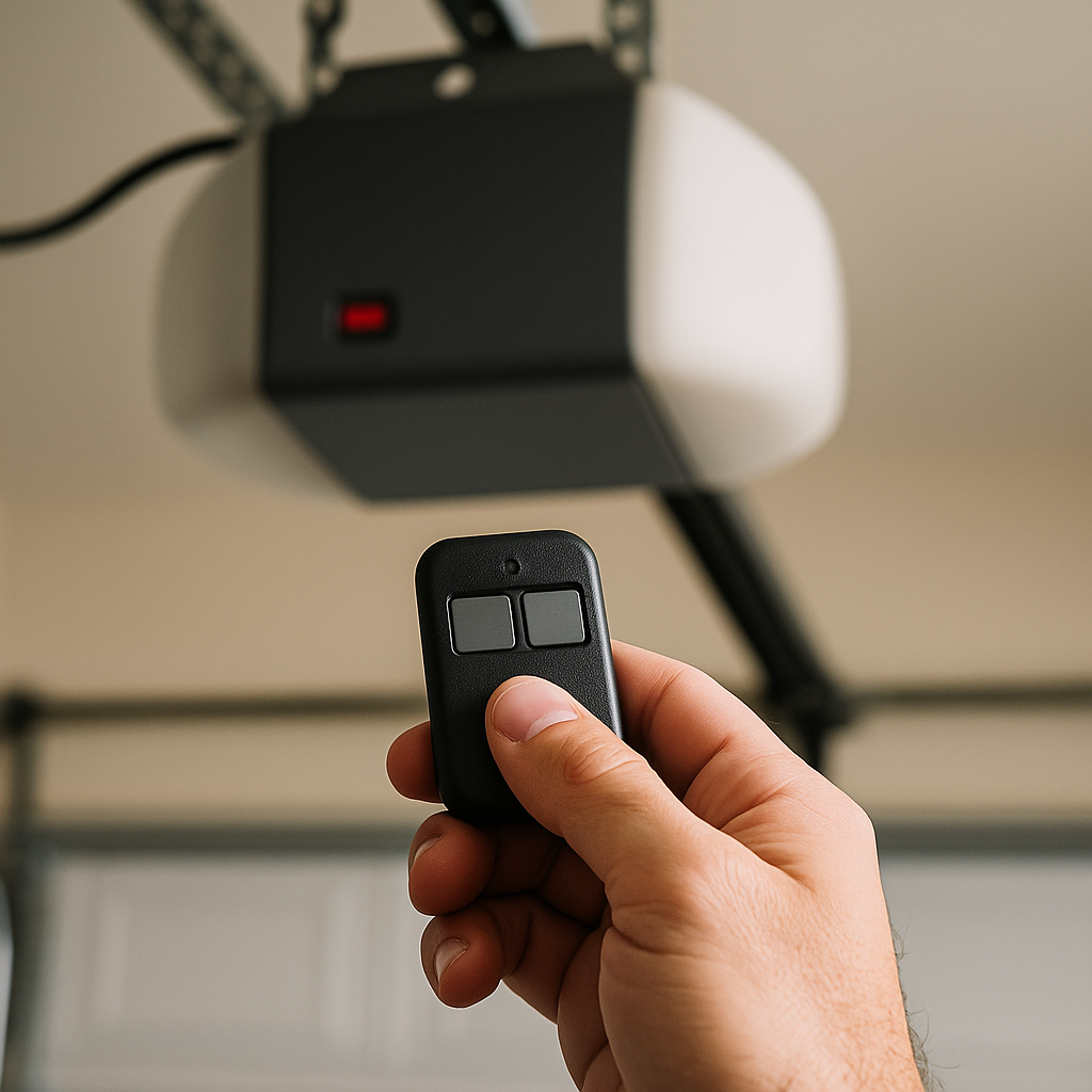 Person holding a garage door opener remote near the garage motor while programming the opener step-by-step.
