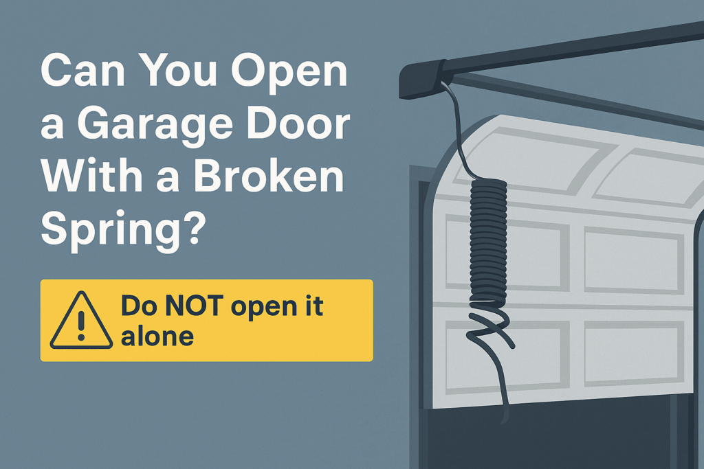 Broken garage door spring on a South Florida home shown in a safety guide about opening a garage door with a broken spring.