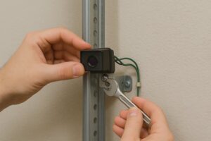 Hands adjusting a garage door safety sensor with a wrench, mounted on a metal track with green wiring.