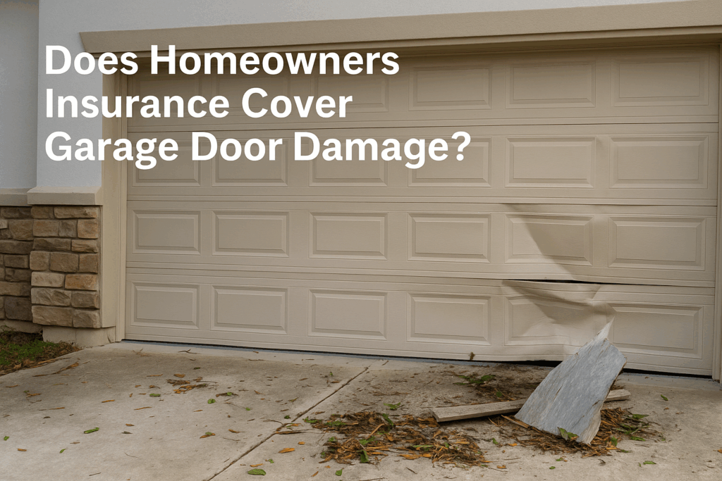 A beige residential garage door with a large dent and broken debris on the driveway after storm damage, showing visible structural impact.