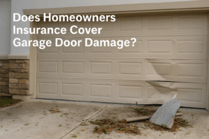 A beige residential garage door with a large dent and broken debris on the driveway after storm damage, showing visible structural impact.