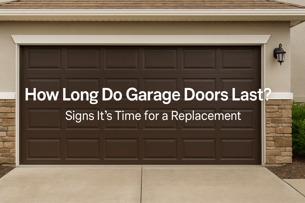 Modern garage door on a South Florida home with text about garage door lifespan and replacement signs.