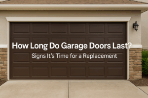 Modern garage door on a South Florida home with text about garage door lifespan and replacement signs.