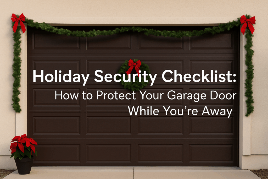 Holiday-themed garage door on a South Florida home promoting garage door security tips for travelers.