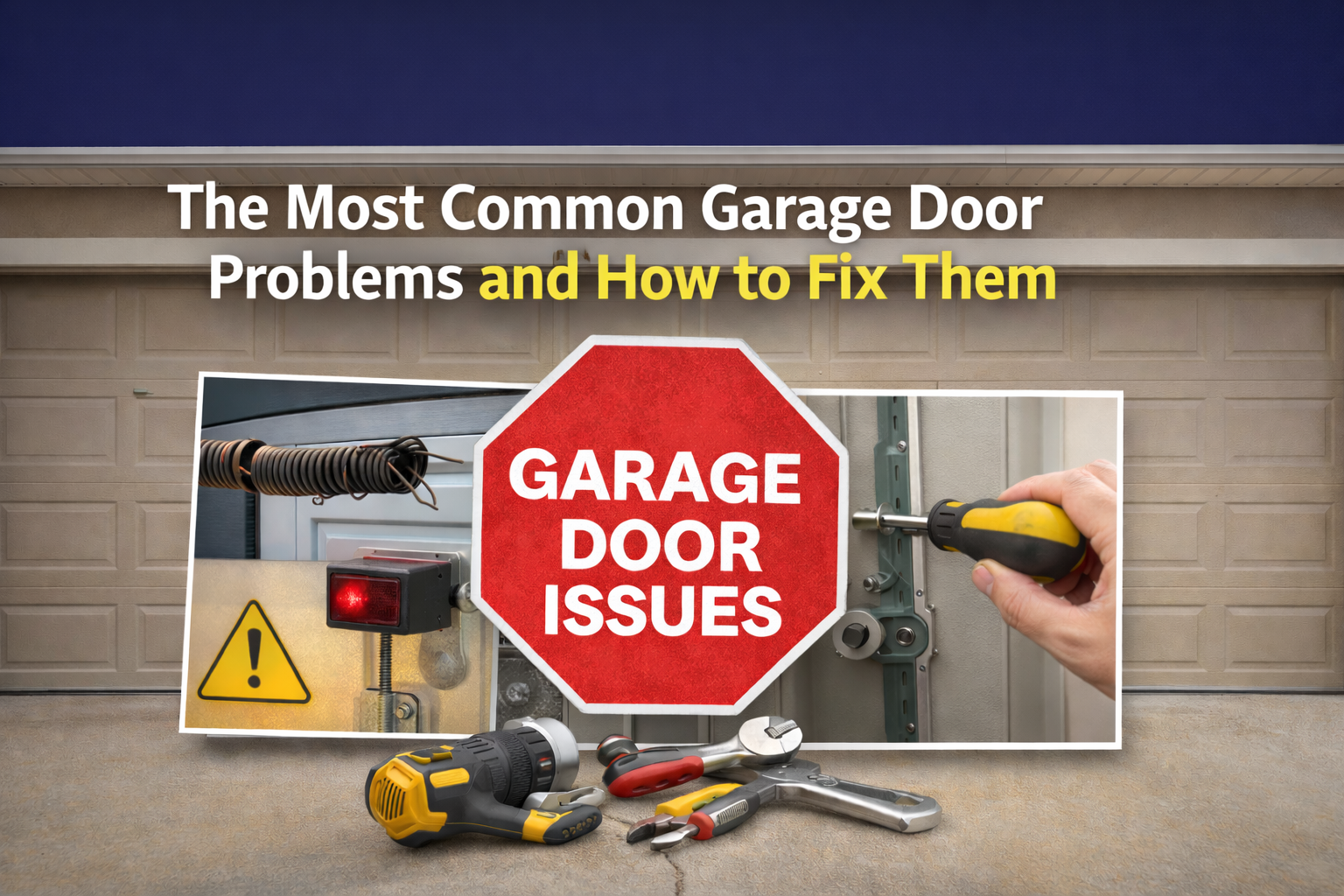 Common garage door problems shown with broken spring, damaged cable, and repair tools in front of a residential garage door
